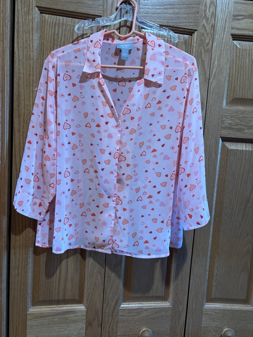 Old Navy Pink Heart Print Button-Up Blouse